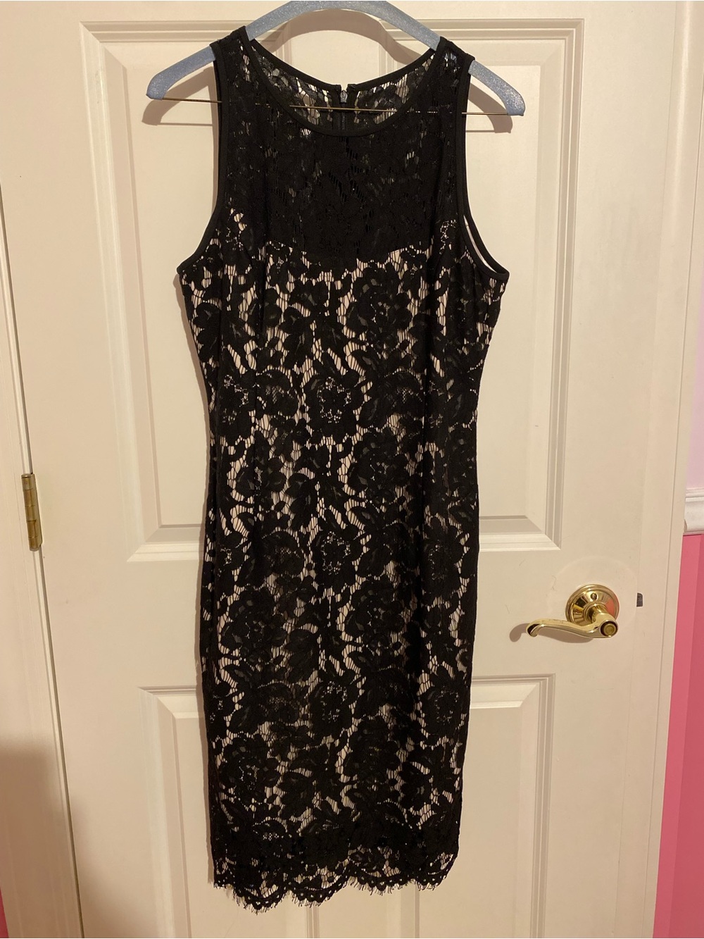 White House Black Market beige black floral lace overlay dress, womens size 6